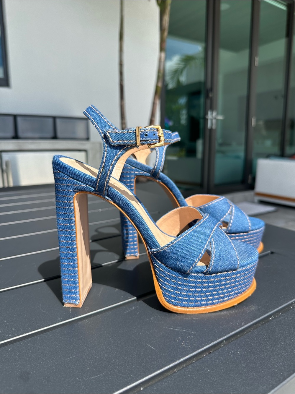 SCHUTZ Blue Denim Platform Sandals with Ankle Buckle